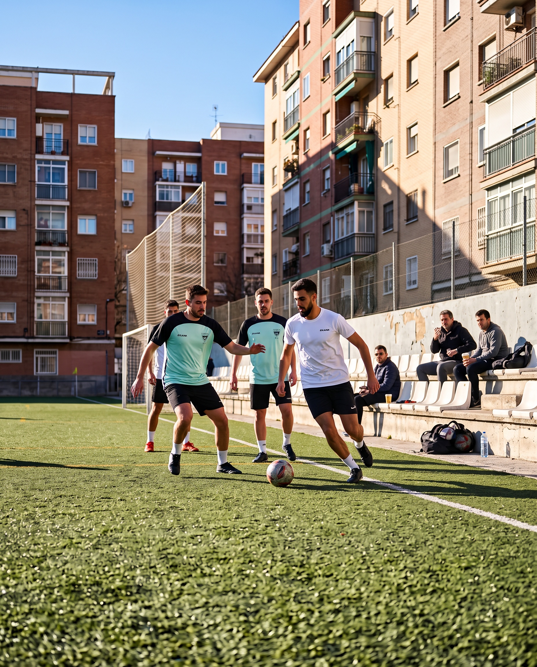 Adultos jugando en un campo de barrio con bloques de pisos detrás