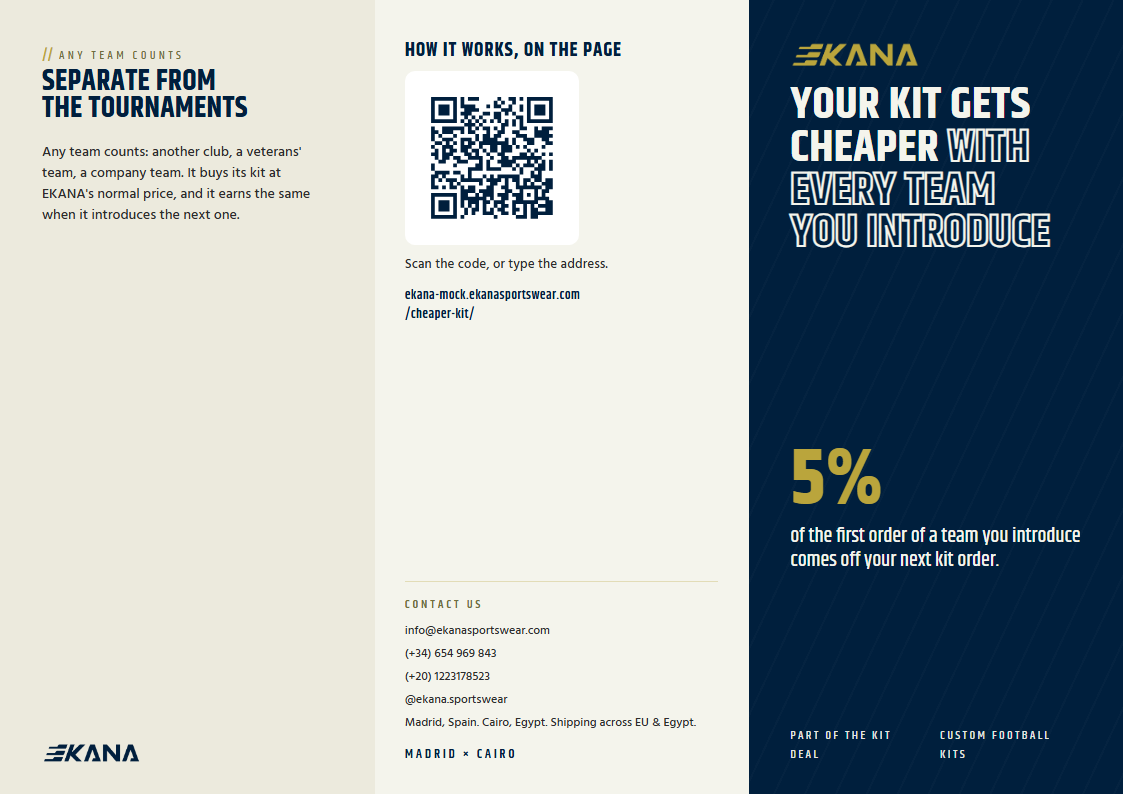 The leaflet's outside: the flap, the back panel with the QR code and EKANA's contact, the front panel with the headline and the sentence